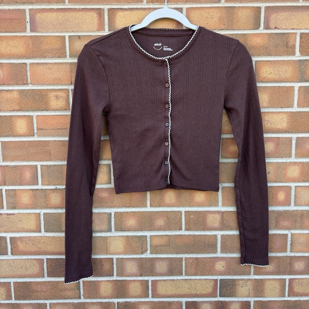 Aerie Button Up Brown Cardigan White Stitching Womens XS Fall Cottage Prarie